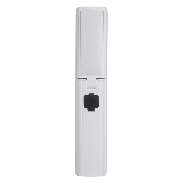 A front studio shot of the white multi-functional LED light completely folded into a compact rectangular stick shape on a solid white background.
