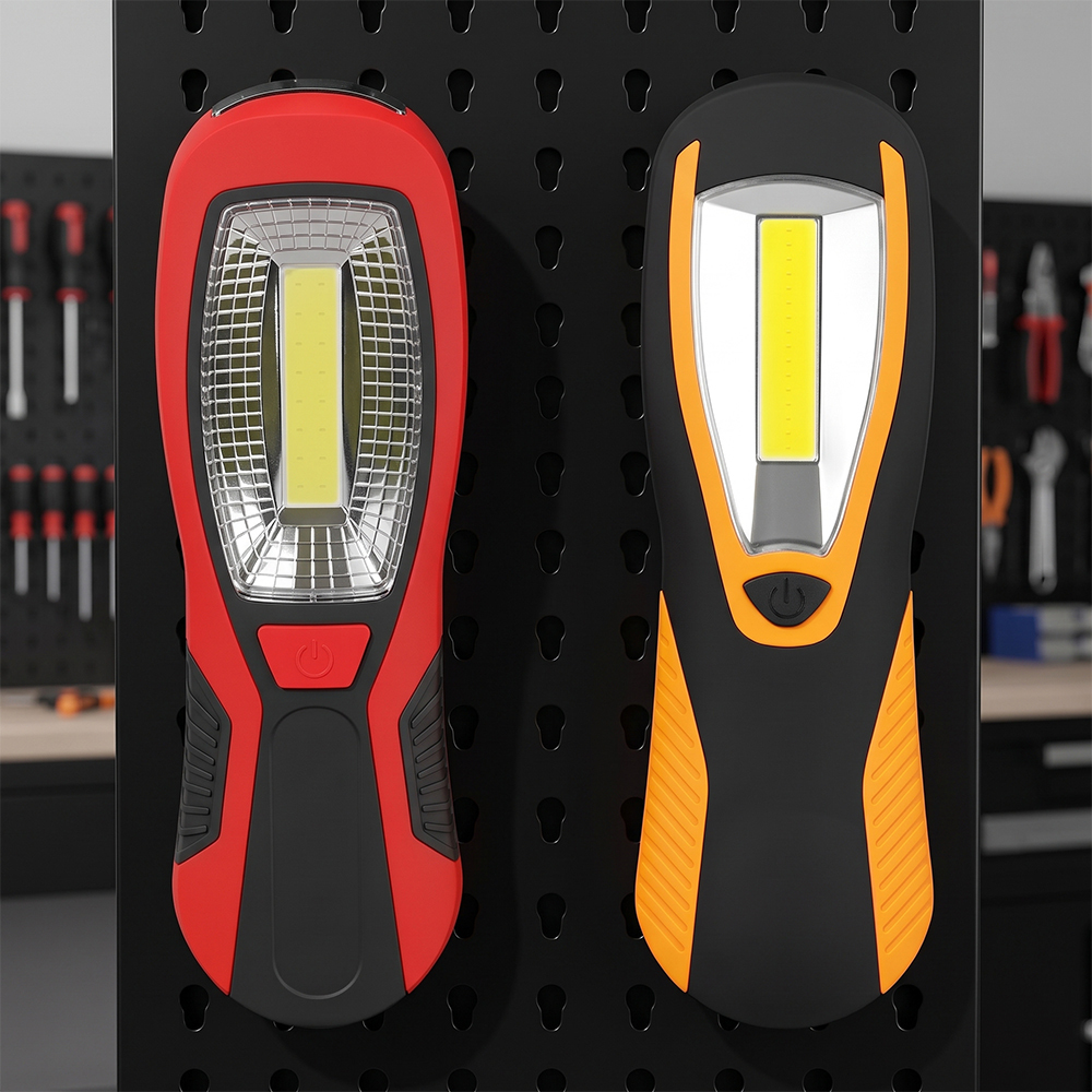 Two handheld COB LED work lights in red-black and orange-black color schemes mounted vertically side by side on a black pegboard tool rack.