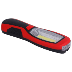 An angled perspective view showing the sleek, ergonomic curved handle design of the red and black handheld LED work light.