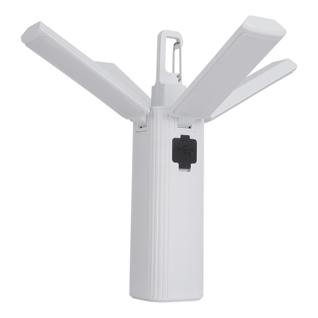 Front studio shot of the white foldable LED work light with its four rectangular light panels partially opened upward at an angle against a clean white background.