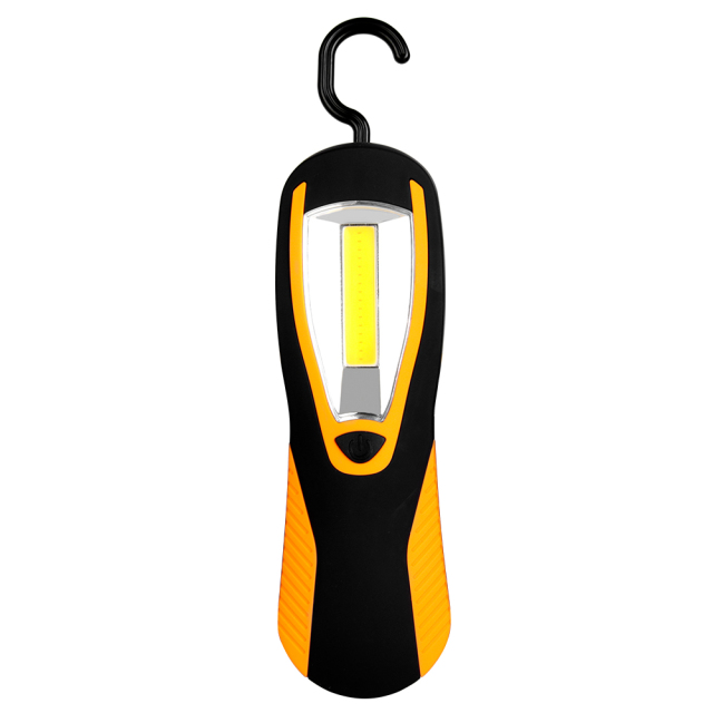 Front view of the orange and black LED work light with its top plastic hanging hook fully extended upward, on a white background.
