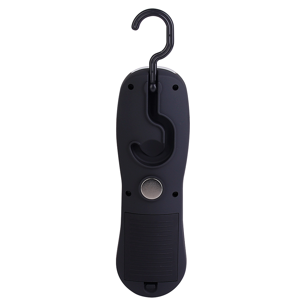Rear view of the black casing showing the top hook fully extended and the lower folding recess with a silver circular magnet.