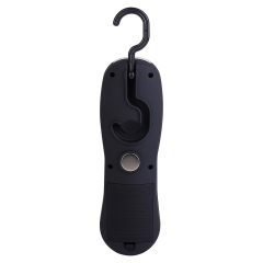 Rear view of the black casing showing the top hook fully extended and the lower folding recess with a silver circular magnet.