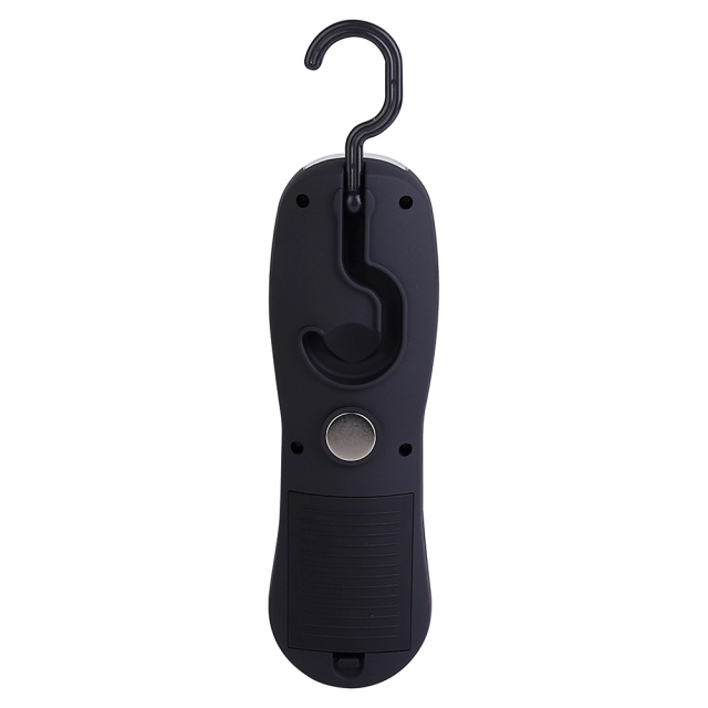 Rear view of the black casing showing the top hook fully extended and the lower folding recess with a silver circular magnet.