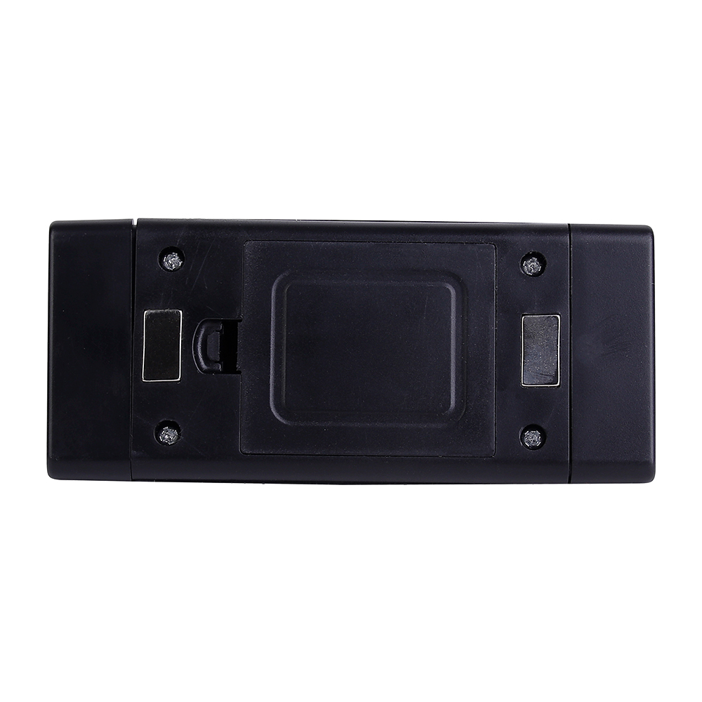 Rear flat view of the black plastic work light displaying the battery compartment cover plate and integrated mounting magnets, on a white background.