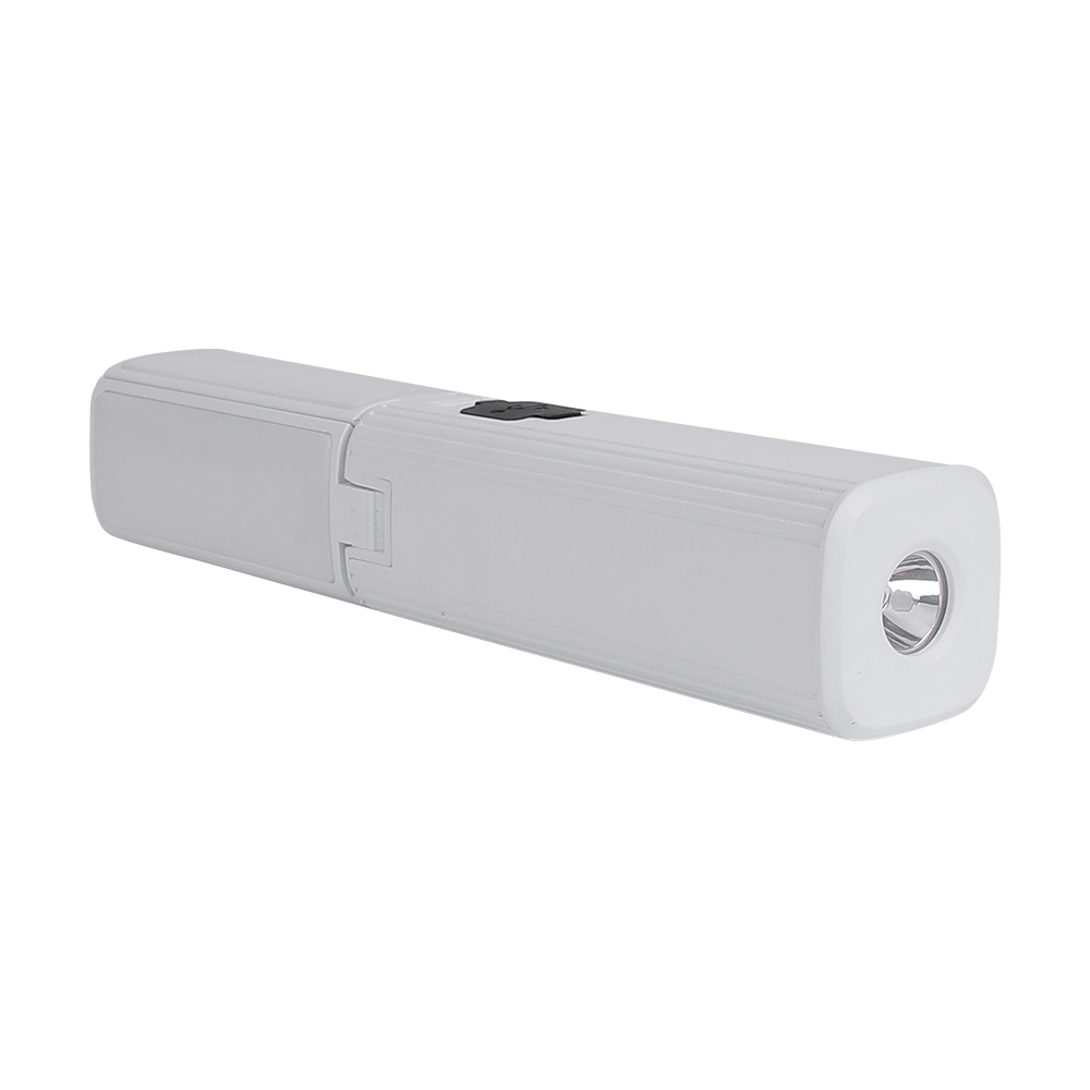 A horizontal perspective view of the closed white LED light, focusing on the bottom square flashlight lens housing a single powerful LED bulb.