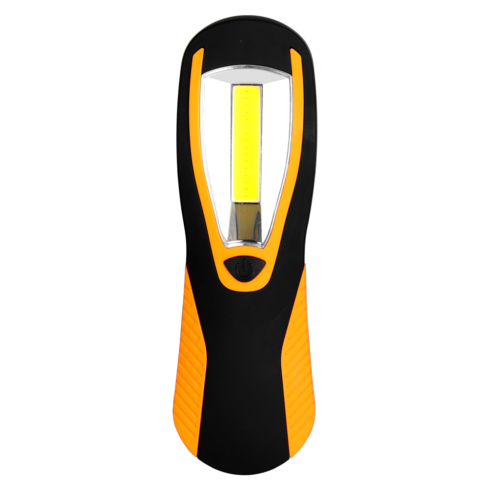Front studio shot of the orange and black handheld COB LED work light featuring a large rectangular light panel, shown on a white background.