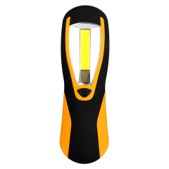 Front studio shot of the orange and black handheld COB LED work light featuring a large rectangular light panel, shown on a white background.