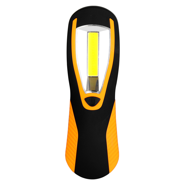 Front studio shot of the orange and black handheld COB LED work light featuring a large rectangular light panel, shown on a white background.