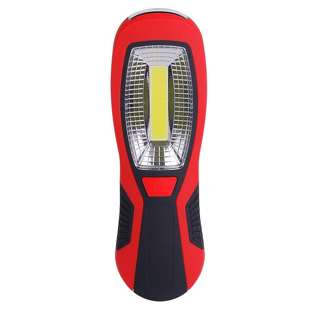 Front view of the red and black handheld COB LED work light model against a clean white background.