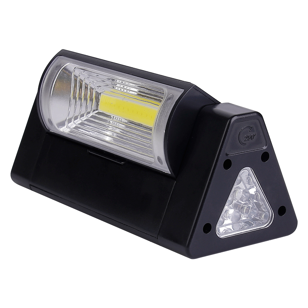 An isometric studio view of the black triangular maintenance light with its adjustable COB LED panel angled slightly upward, on a white background.