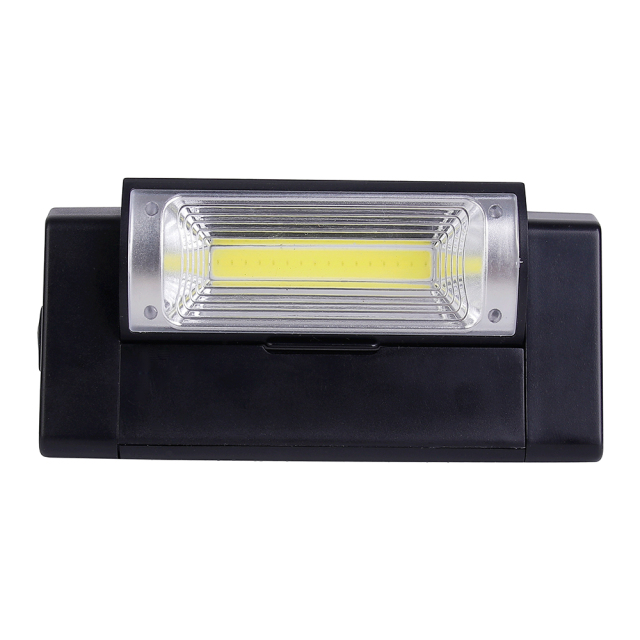 Clean studio front view of the black work light featuring a horizontal rectangular COB LED panel centered in the housing, on a white background.