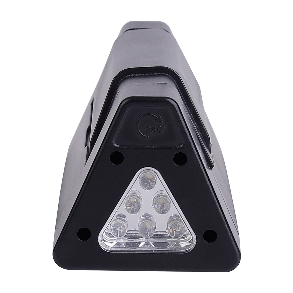 Side view close-up of the triangular work light housing, highlighting the secondary auxiliary beam consisting of a cluster of 6 white LEDs, on a white background.