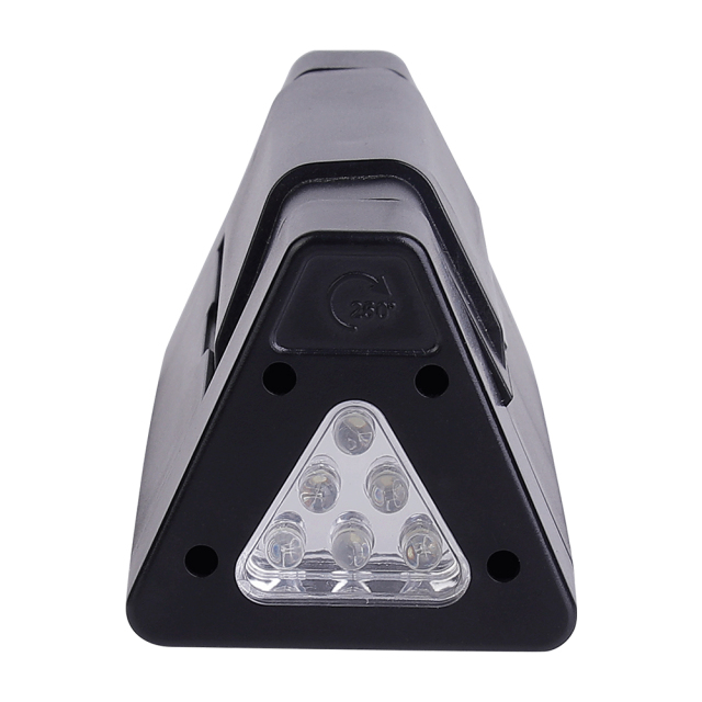 Side view close-up of the triangular work light housing, highlighting the secondary auxiliary beam consisting of a cluster of 6 white LEDs, on a white background.