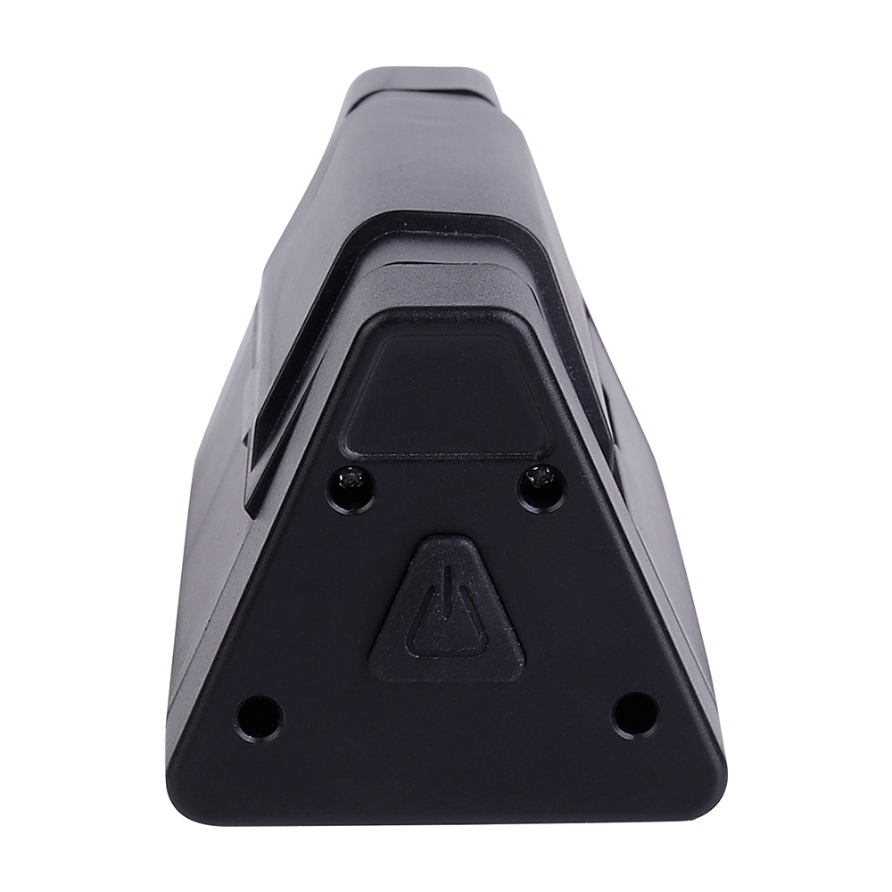 Side view close-up of the black triangular work light housing, showing the integrated power button switch engraved with an icon, on a white background.