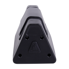 Side view close-up of the black triangular work light housing, showing the integrated power button switch engraved with an icon, on a white background.