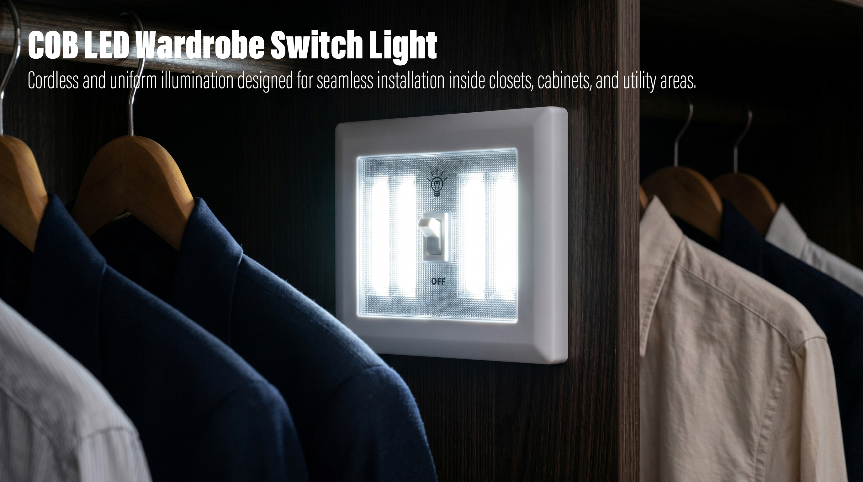 A horizontal close-up photograph showing a rectangular white COB LED wall switch light mounted on a dark wooden wardrobe panel, casting bright and uniform illumination on clothes hanging in a closet.