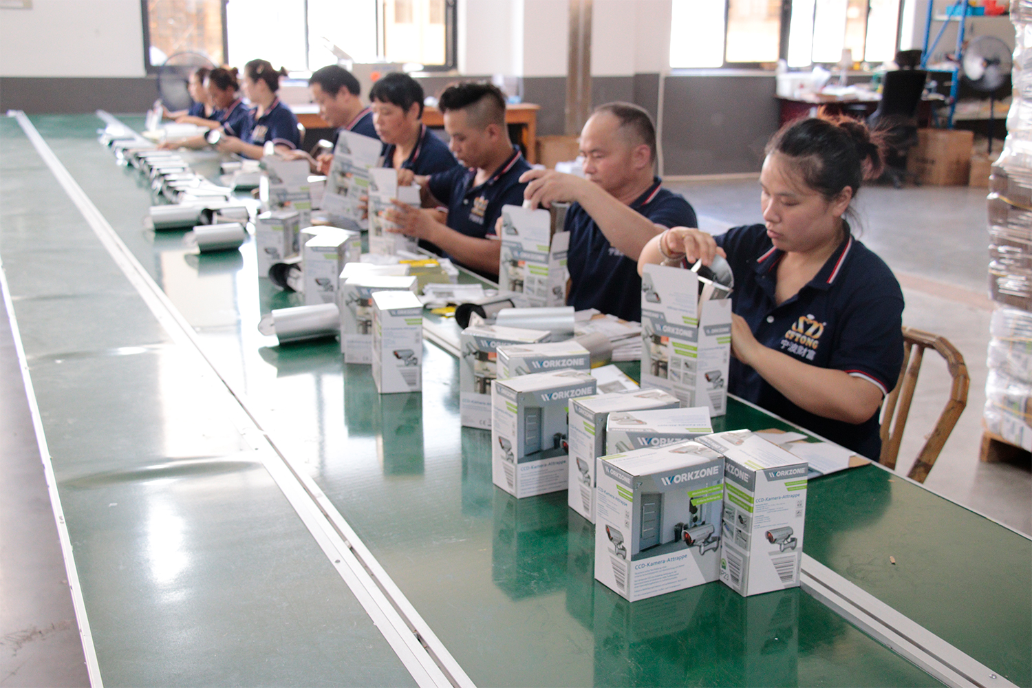 Factory production line providing custom colors, logos, and tailored packaging services for international B2B procurement clients.