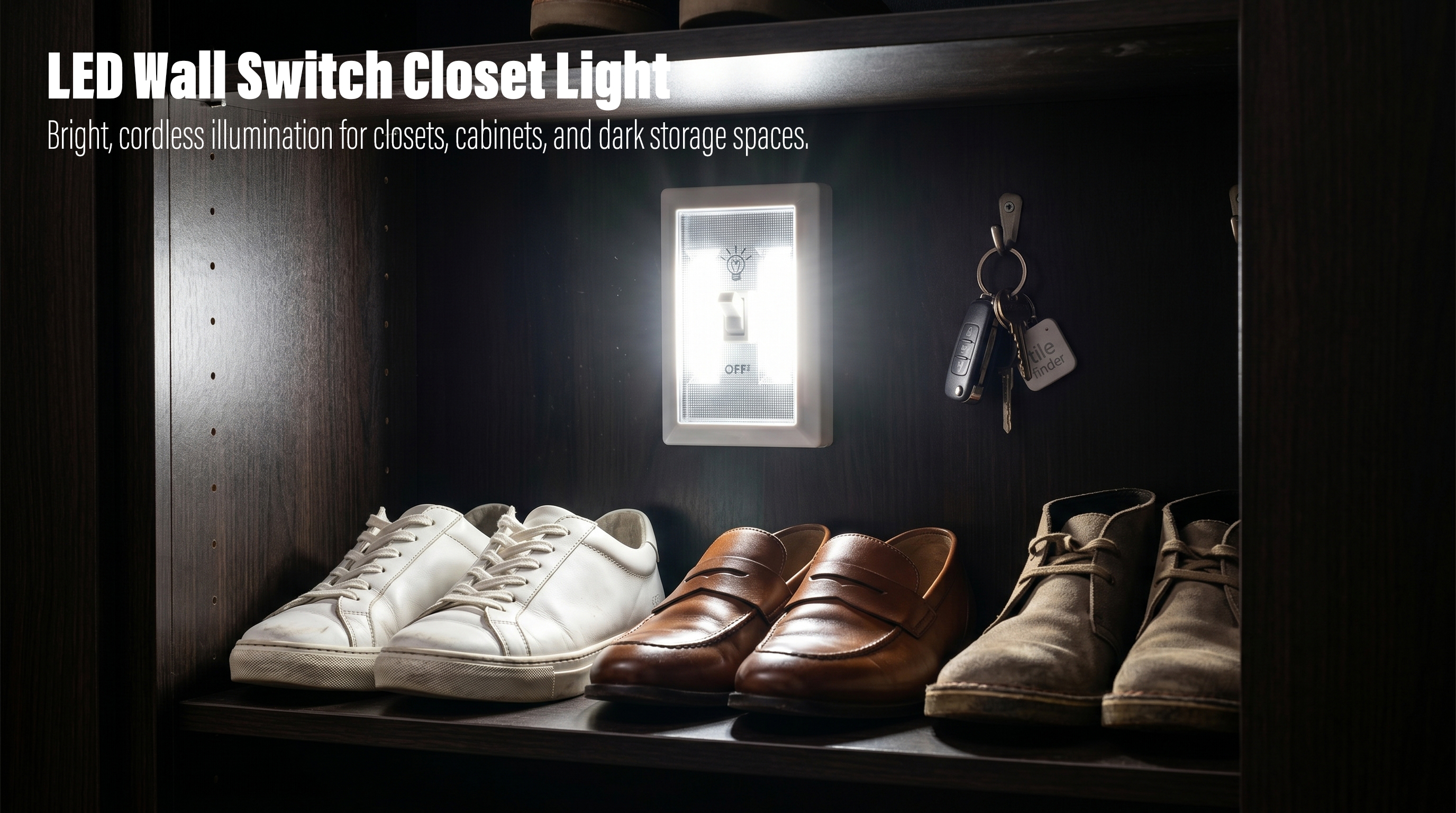 A horizontal photograph showing a white LED wall switch light mounted inside a dark wooden shoe closet, brightly illuminating rows of leather shoes and sneakers on the shelf below.