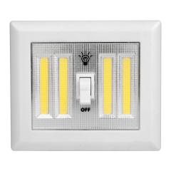 Front view of the rectangular white cordless wall switch light showcasing its central rocker switch and multi-channel COB LED panels on a solid white background.