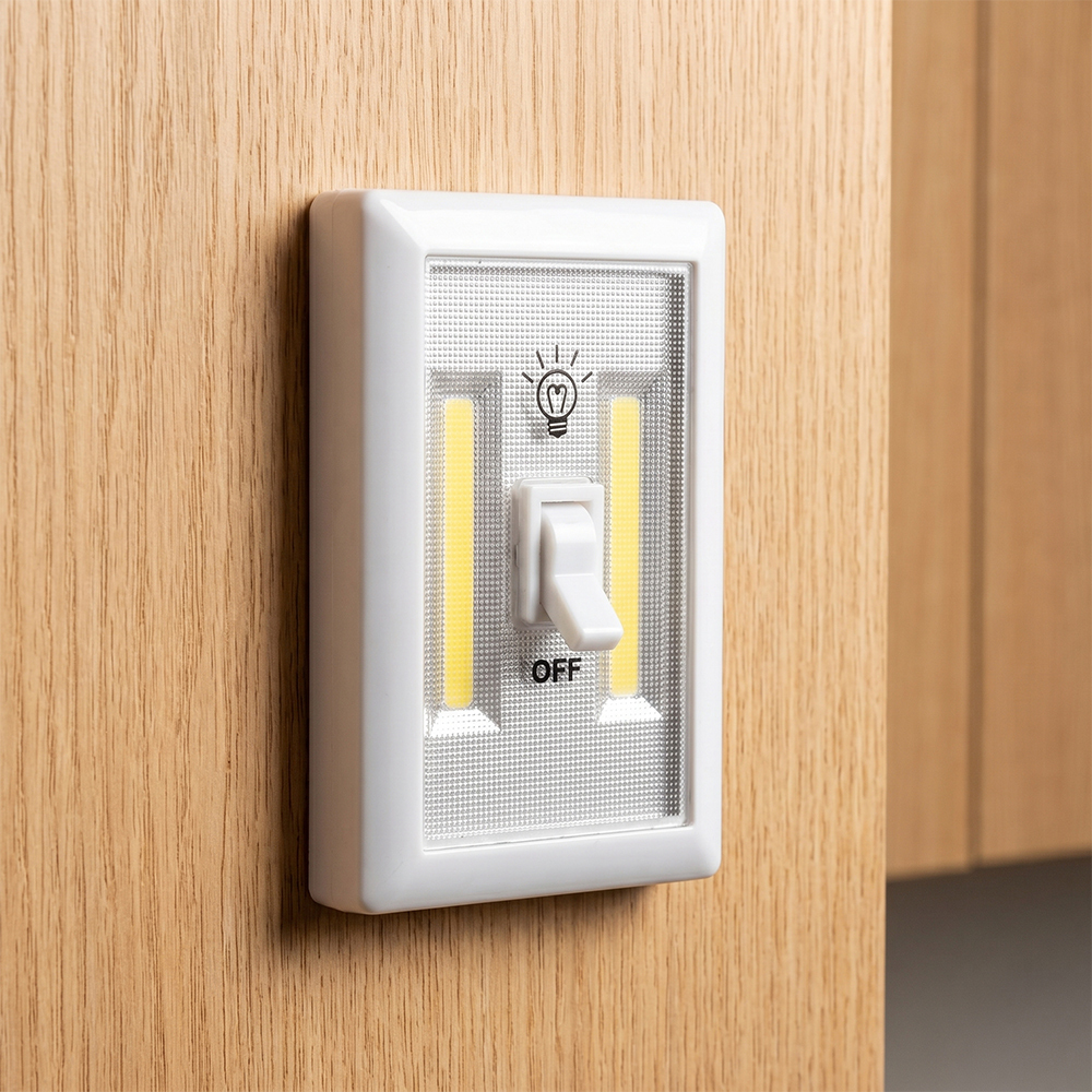 A white LED wall switch light mounted vertically on a light-colored wooden closet panel, demonstrating real-world residential application.