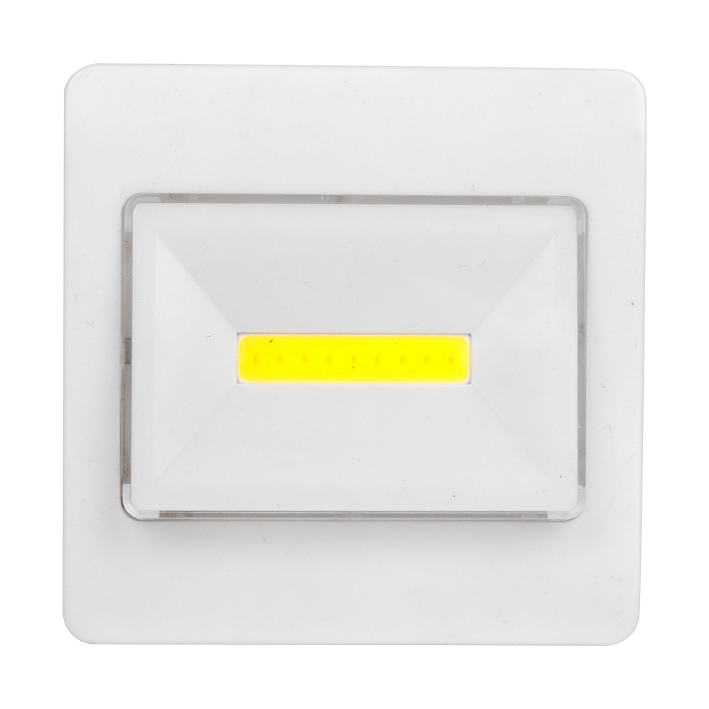 Straight-on front view of the square white cordless wall switch light with a central horizontal COB LED panel on a solid white background.