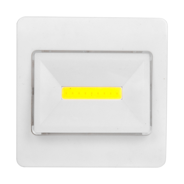 Straight-on front view of the square white cordless wall switch light with a central horizontal COB LED panel on a solid white background.