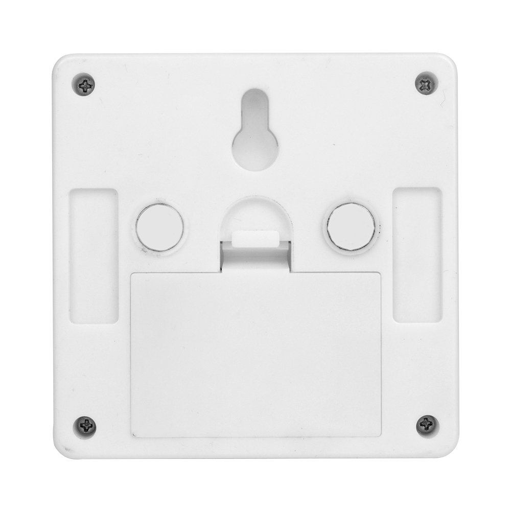Rear view of the square switch light back housing, highlighting the two integrated circular magnets, rectangular velcro slots, a keyhole hanger, and the closed battery compartment cover.