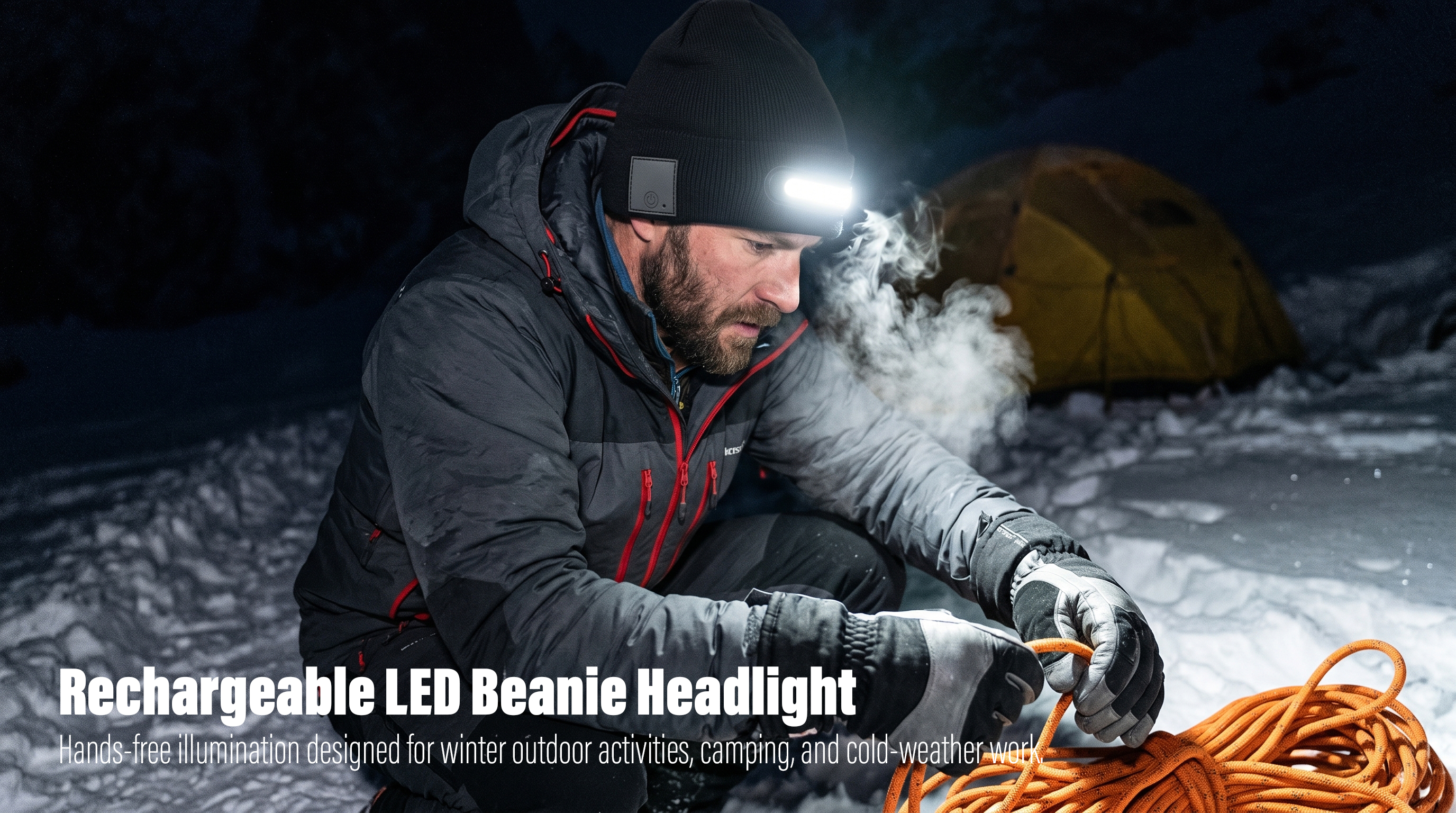 A horizontal candid photograph of a bearded man wearing a black beanie with an integrated bright LED headlight, crouching in the snow at night while handling an orange climbing rope next to a yellow tent.