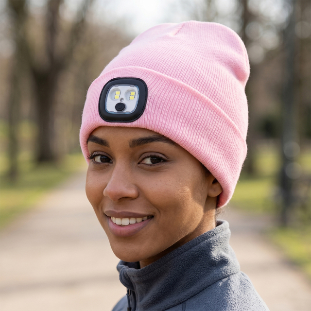 A smiling woman wearing a pastel pink knitted winter beanie cap with an integrated square LED headlight module.