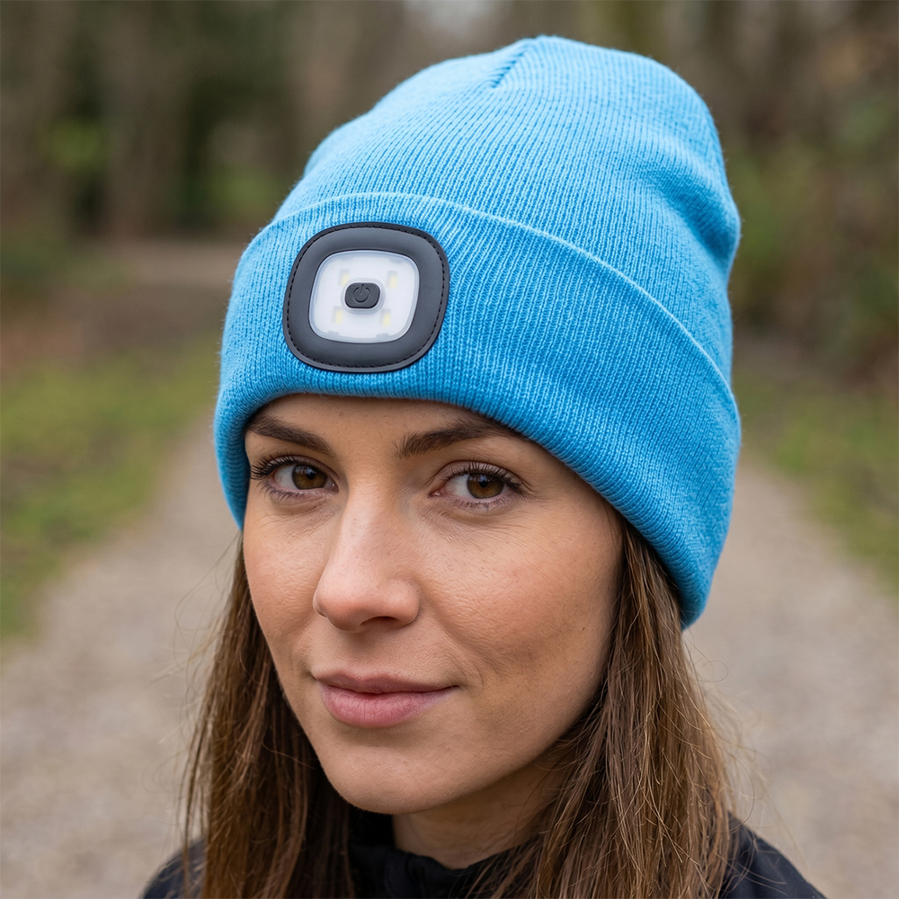 Close-up portrait of a woman outdoors wearing a vibrant blue winter beanie hat with a central rechargeable LED light.