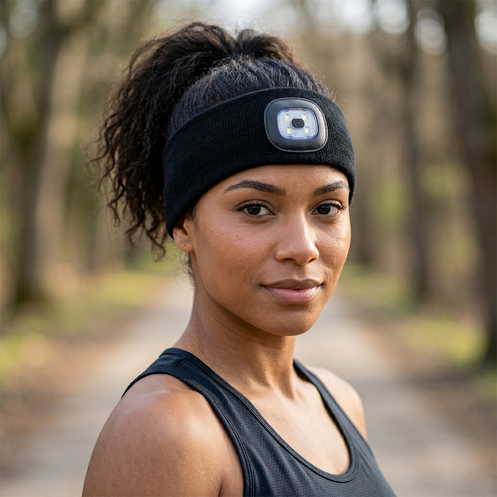 A woman standing on an outdoor path wearing a black elastic knitted headband light with a central square LED module.