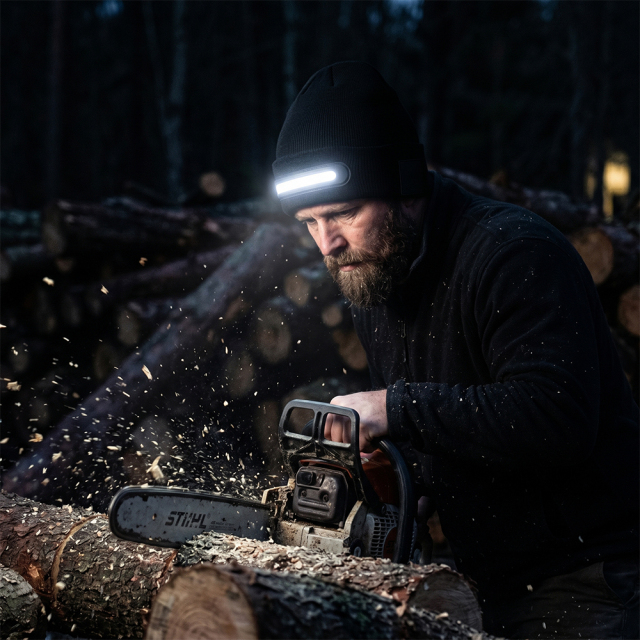 A bearded man wearing a black LED beanie headlight working at night with a chainsaw, illustrating hands-free industrial and utility application.