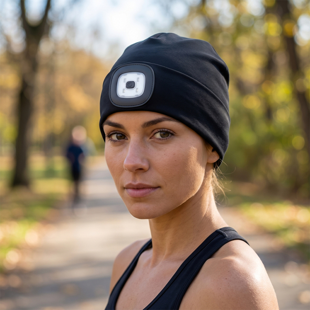 Outdoor portrait of a woman in athletic wear wearing a black beanie hat with a square removable LED headlight.