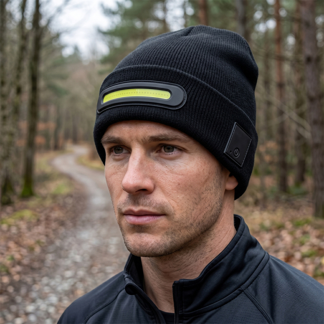 A close-up side view of a man outdoors wearing a black knitted beanie with a horizontal illuminated COB LED light strip on his forehead.