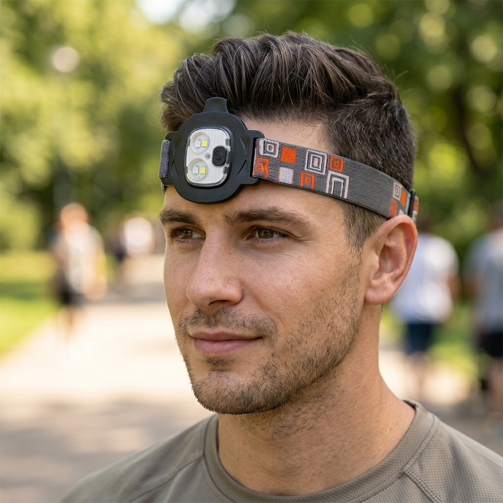 Close-up of a man outdoors wearing a patterned strap with a detachable lightweight LED cap light module positioned on his forehead.