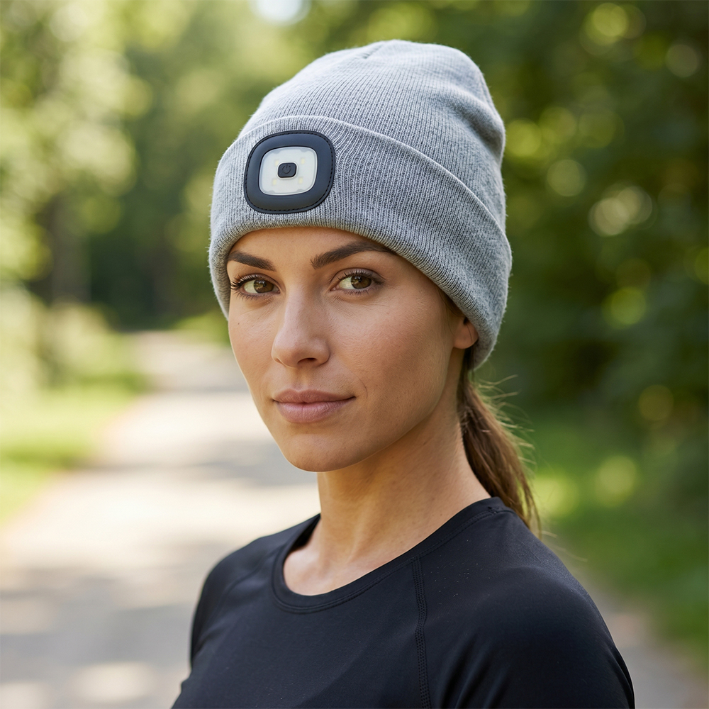 Outdoor portrait of a woman wearing a light grey knitted beanie cap featuring an integrated square LED headlight.