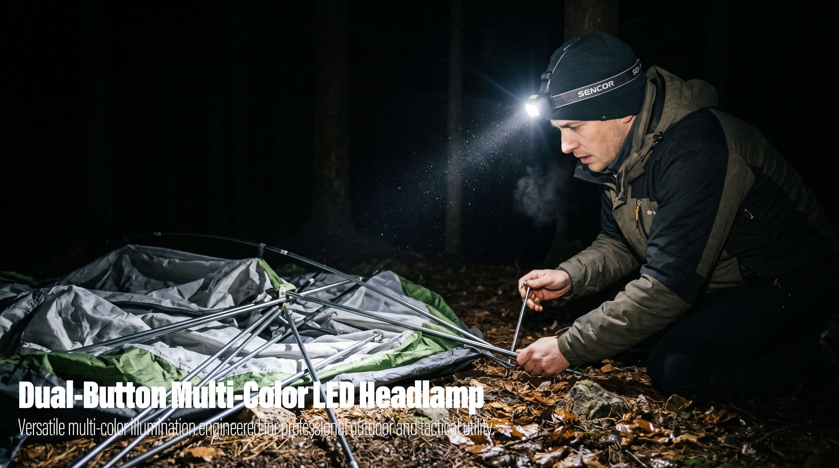 A documentary photojournalism snapshot of a man kneeling in a dark forest at night, wearing a beanie and a bright dual-button LED headlamp to illuminate his hands as he assembles the aluminum poles of a green camping tent on the ground.