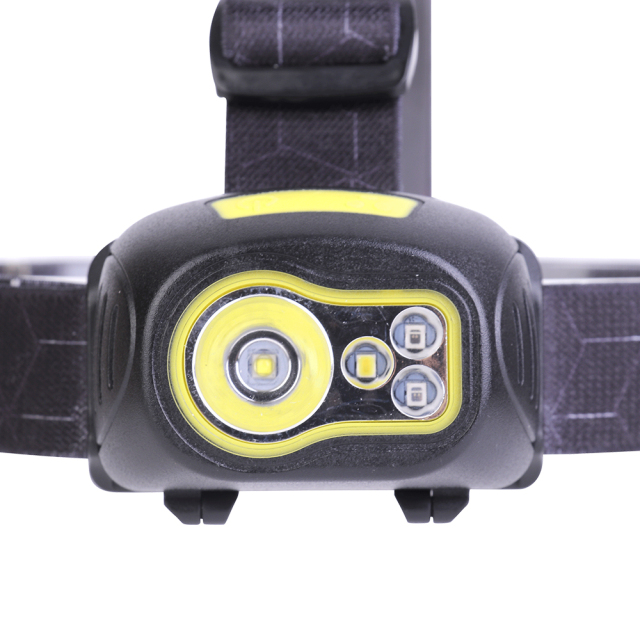 A detailed studio close-up of the headlamp lens assembly, showing the large main XPE white light on the left and a vertical row of three multi-color LEDs on the right.