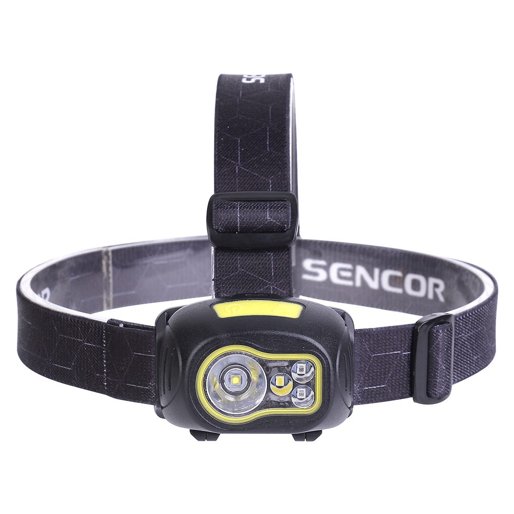 Studio front view of the black ABS headlamp featuring a prominent round main lens alongside smaller auxiliary multi-color LED indicators, mounted on its elastic straps.