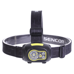Studio front view of the black ABS headlamp featuring a prominent round main lens alongside smaller auxiliary multi-color LED indicators, mounted on its elastic straps.