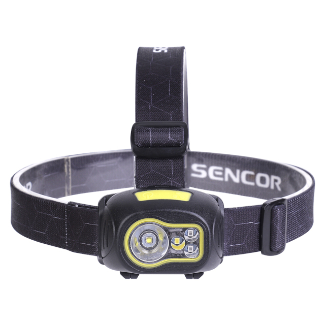 Studio front view of the black ABS headlamp featuring a prominent round main lens alongside smaller auxiliary multi-color LED indicators, mounted on its elastic straps.