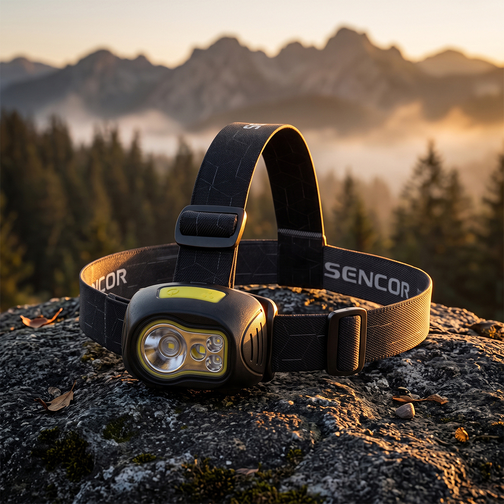 A dual-button multi-color LED headlamp with a black three-strap headband system, placed on a rocky peak with a background of dense pine forests and misty mountains.