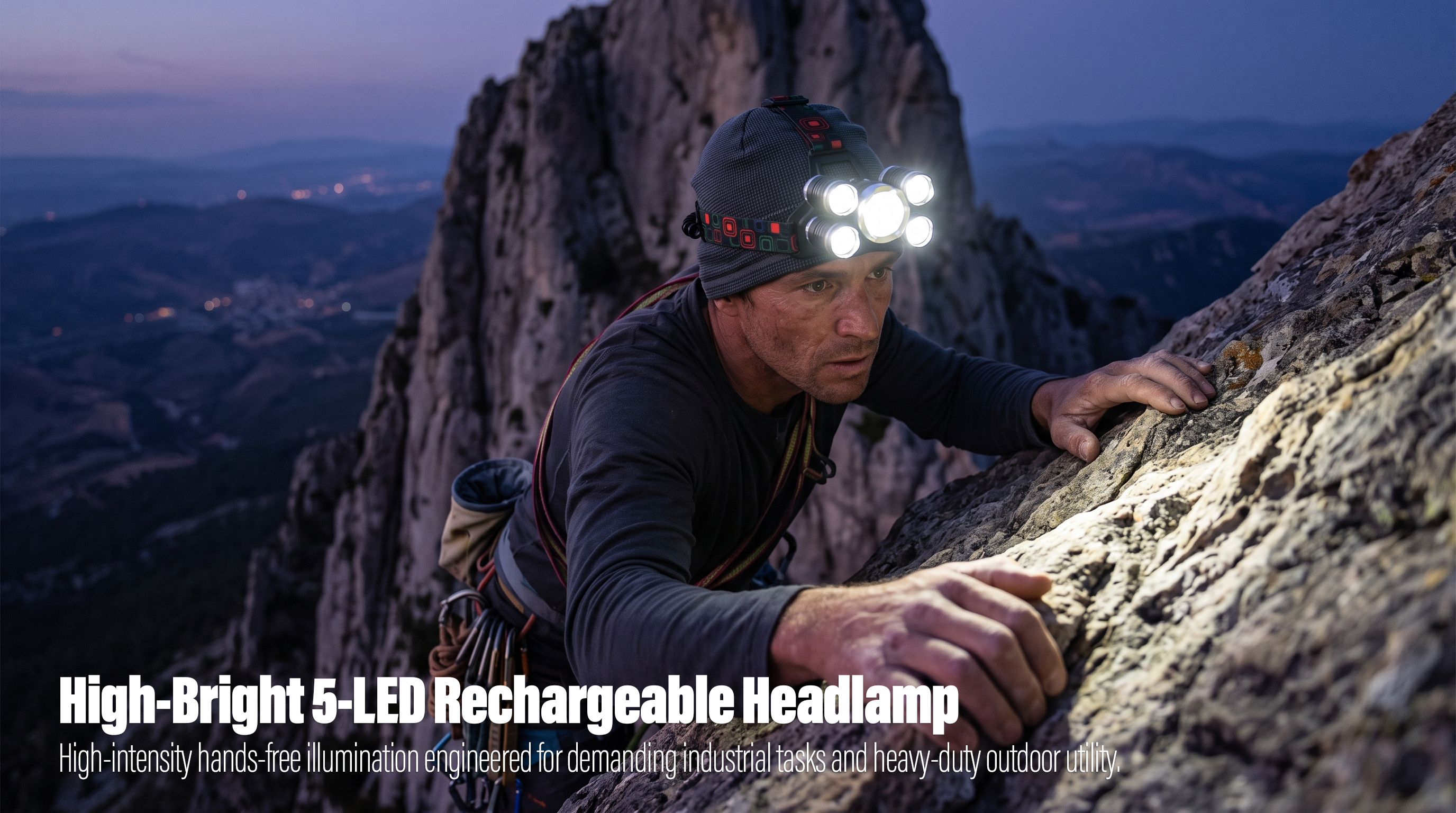 A real-world outdoor photo of a man wearing climbing gear and a grey beanie as he ascends a steep rocky mountain cliff at twilight, utilizing a bright multi-lens LED headlamp to cast a strong beam of light directly onto the rock surface in front of him.