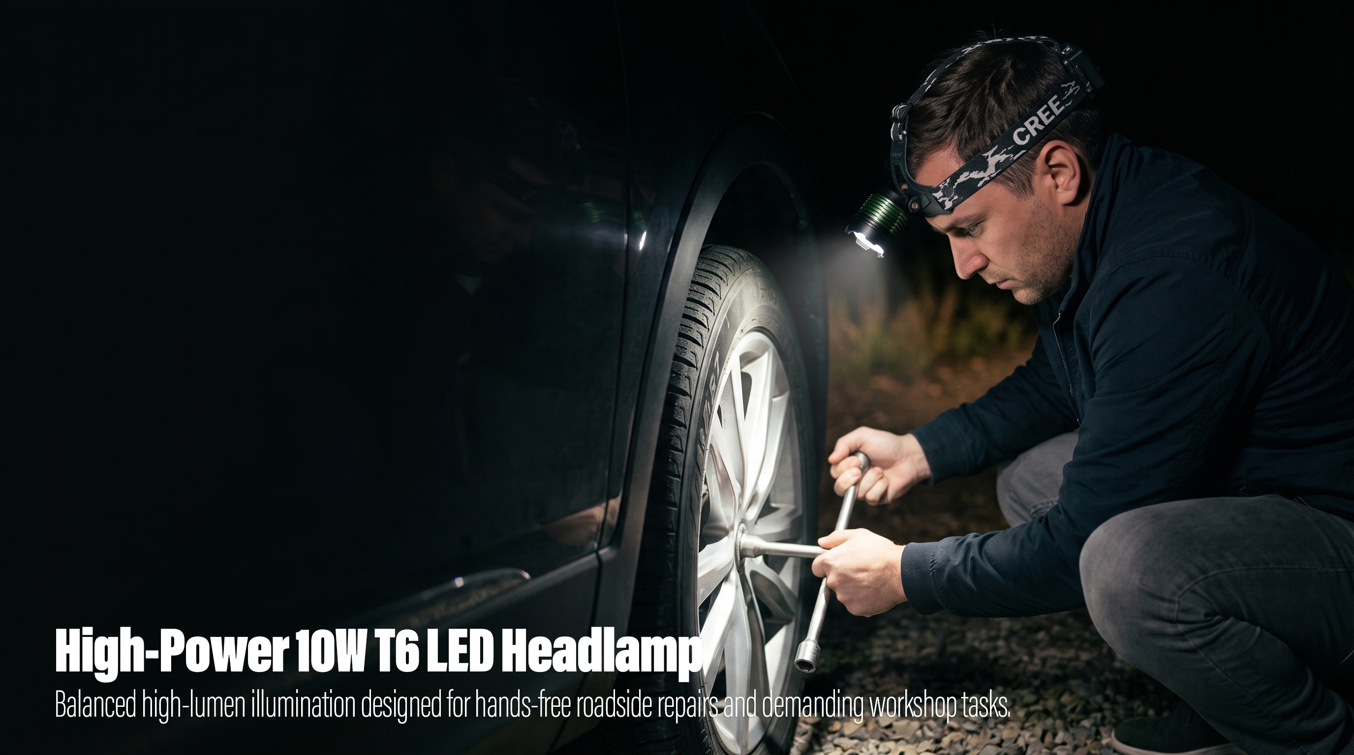 A man crouching on a gravel surface at night next to a dark vehicle, wearing an adjustable head torch with a large front lens that illuminates the silver wheel rim while he uses a lug wrench to change the tire.