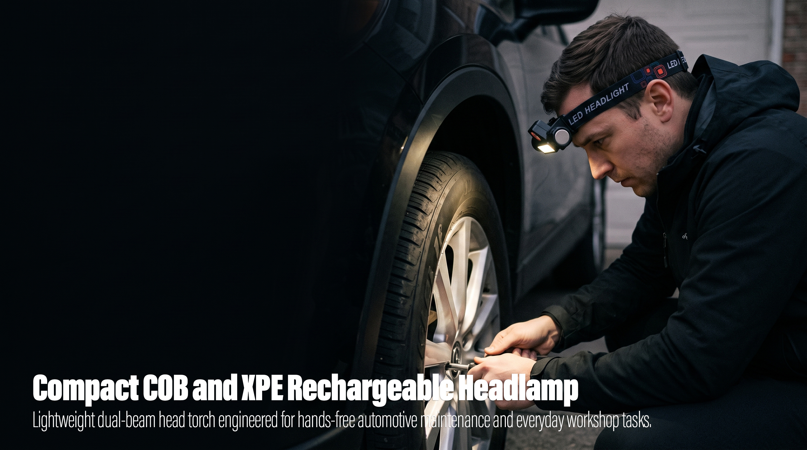 A man kneeling next to a black car's tire in front of a garage, wearing a black LED headlamp that casts a bright beam of light directly onto the wheel hub while he works on the tire with a small hand tool.