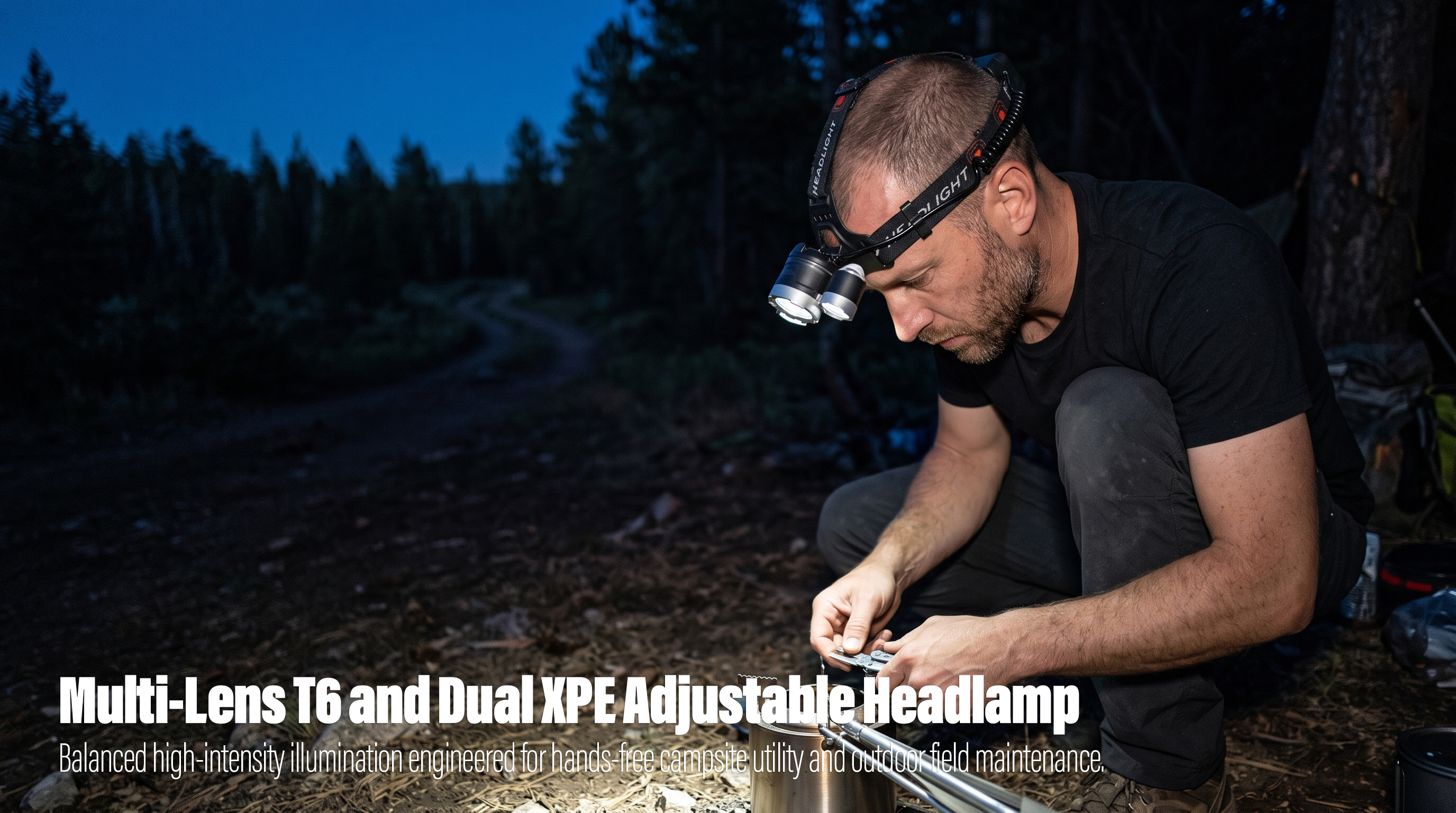 A man in a black t-shirt crouching in a wooded area at twilight, wearing a multi-lens LED headlamp that shines light downward onto a portable camping stove as he adjusts it with a multi-tool.