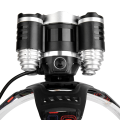 Studio top-down view of the multi-lens headlamp assembly, showing the aligned metal casing ridges, the pivoting mounting bracket, and the connected power cord.
