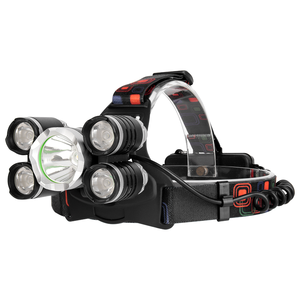Studio three-quarter view of a 5-LED rechargeable headlamp, showcasing the large silver aluminum main reflector with a green inner accent ring, flanked by four black cylindrical side lenses on a patterned elastic headband.