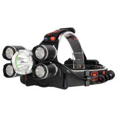 Studio three-quarter view of a 5-LED rechargeable headlamp, showcasing the large silver aluminum main reflector with a green inner accent ring, flanked by four black cylindrical side lenses on a patterned elastic headband.